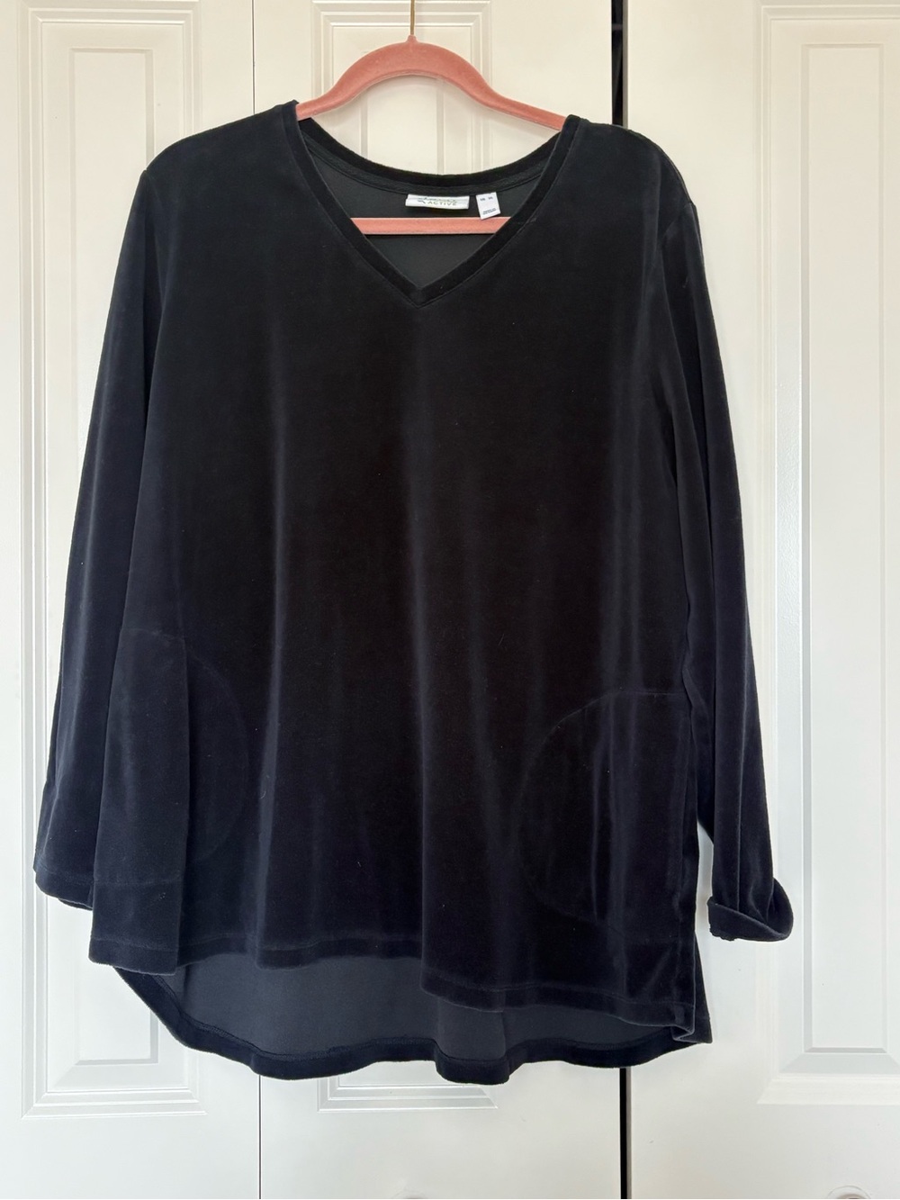 Denim & Co Black Velour V-Neck Long Sleeve Top XL